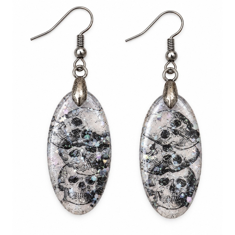 Skull Resin Dangle Earrings Clear Holographic Glitter Goth Halloween OOAK